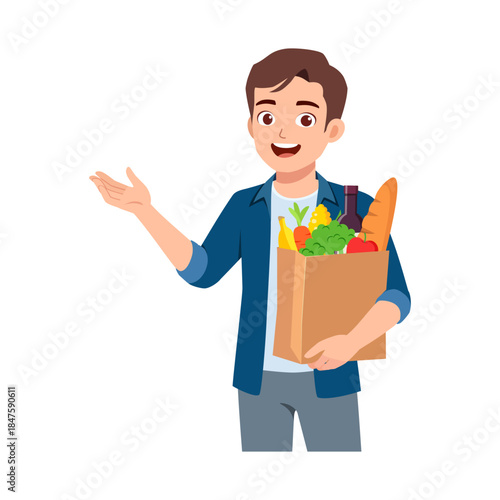 Cheerful Asian man happily holding a full grocery shopping bag and gesturing welcoming with a smile