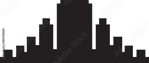Black abstract cityscape silhouette with symmetrical tiered buildings architecture