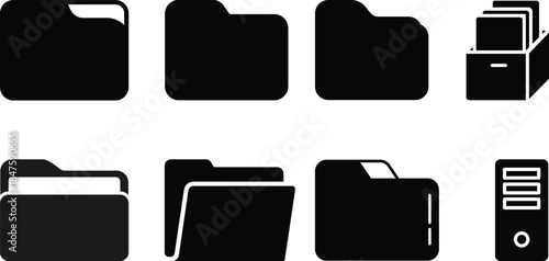 Document vector icon isolated vector graphic. Paper document page icon vector element. Agreement file symbol.Set of folders vector icons. Black linear open folder. Folder for storage document and file