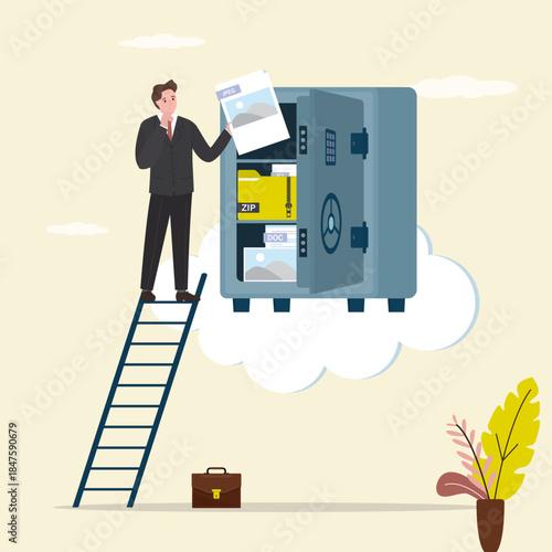 Strongbox with various media content. Concept of internet hosting, online service for file management and digital information storage, smart male user putting folder on cloud.