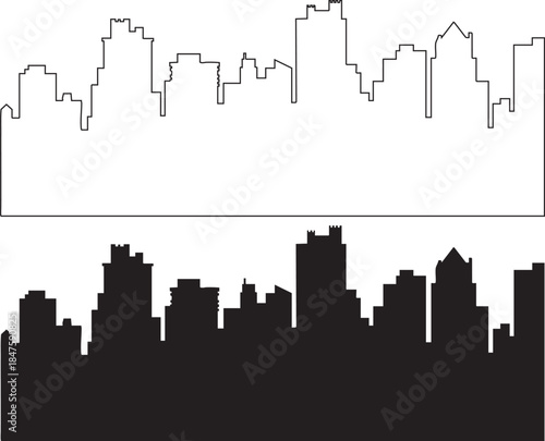 Black and white graphic skyline silhouette of city buildings with jagged rooftops architecture