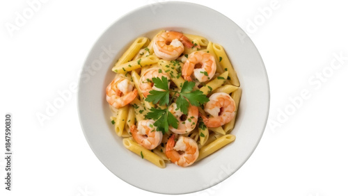 Isolated plate of shrimp pasta, penne pasta with seafood on white plate, Italian dish