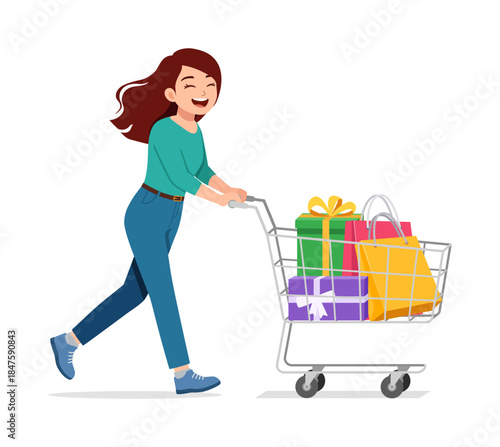 Happy young woman smiling with eyes closed pushing a shopping cart full of colorful gift boxes and shopping bags