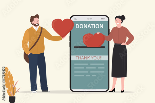Man and woman put heart shape into mobile donation app. Charity donation, donate online, care to help and support people. Giving money, volunteer,