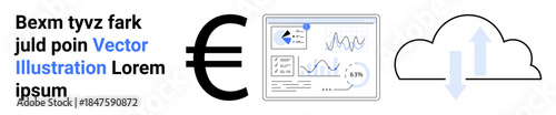 Financial analytics, data storage, cloud computing, exchange rates, technology integration, economic analysis. Euro currency symbol, data dashboard and cloud with arrows. Financial analytics