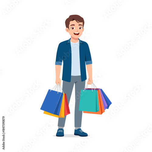 Asian young man smiling happy holding many colorful shopping bags after successful shopping spree full body