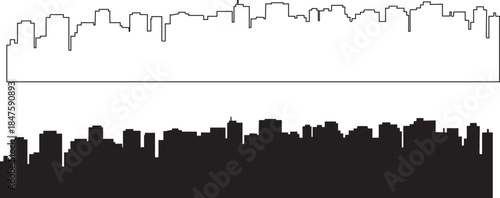 Black and white graphic skyline silhouette of abstract city buildings vector