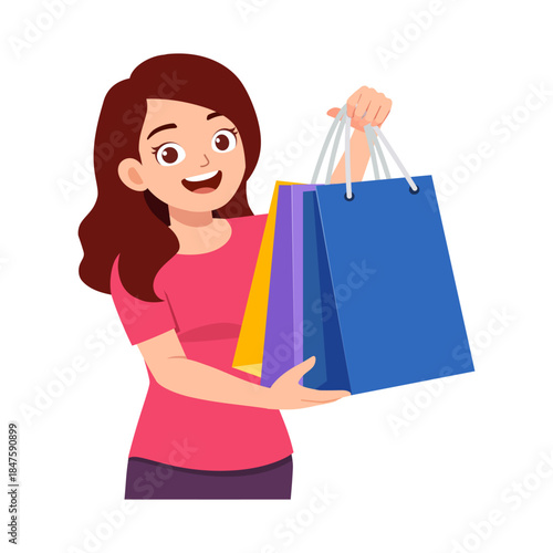 Young Caucasian woman happy smiling holding many shopping bags after successful shopping trip