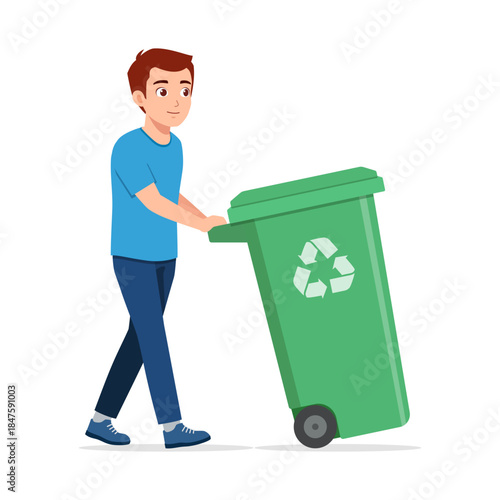 Young Caucasian man happily pushing a green recycling bin promoting environmental responsibility