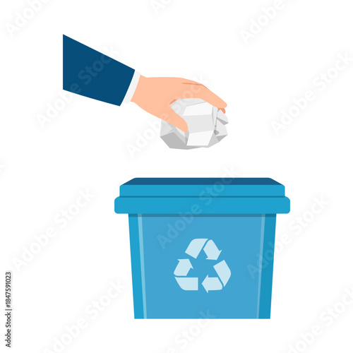 A Caucasian hand drops crumpled paper into a blue recycling bin showing environmental care