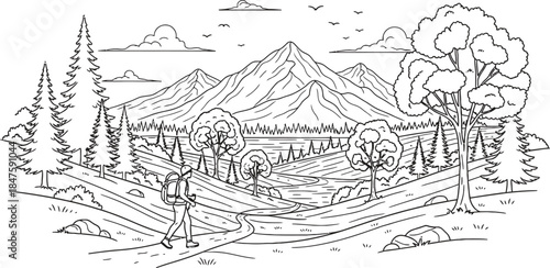 Hikers exploring mountainous landscape with trees and clouds