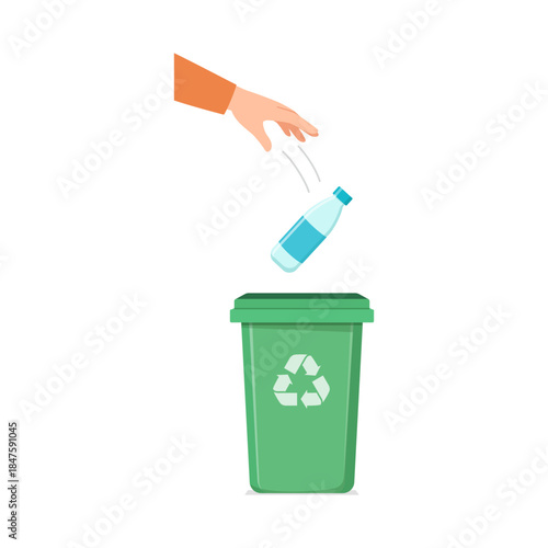 Light skinned hand carefully drops plastic water bottle into green recycling bin for environmental care