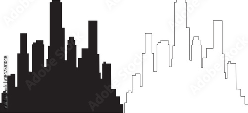 Black and white silhouette of a city skyline with jagged building shapes abstract architecture
