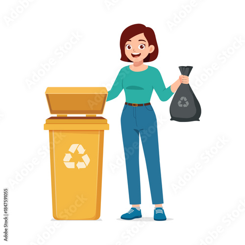 Smiling young woman happily holding a recycling trash bag next to a yellow bin promoting eco friendly habits