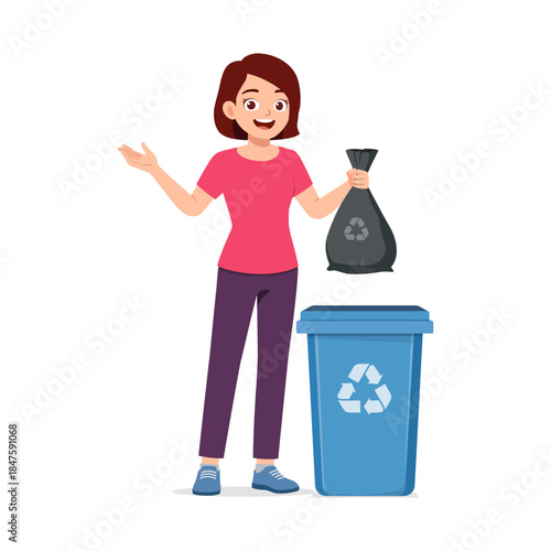 Young woman happily holding a recycling bag standing next to a blue bin showing responsibility and care for environment