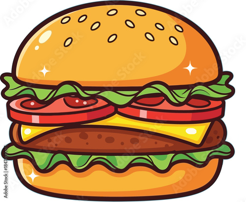 Delicious cartoon burger with cheese and vegetables