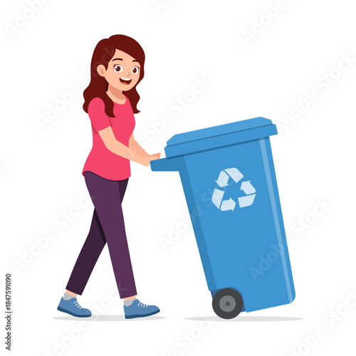 A cheerful smiling young woman pushing a blue recycling bin showing environmental responsibility illustration