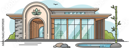 Modern spa building with arched entrance and water feature