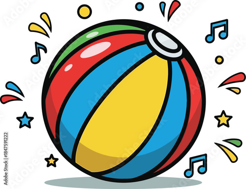 Colorful beach ball surrounded by music notes and stars