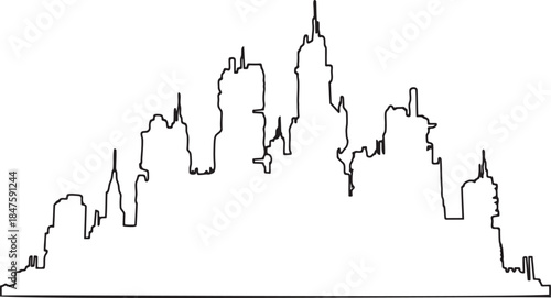 Black outline of a futuristic city skyline with varied building heights cityscape urban