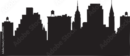 Black silhouette of a city skyline with diverse buildings and water towers white
