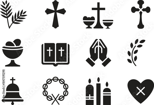 Christian religious icon set silhouette style with cross bible prayer faith symbols isolated on white background vector illustration