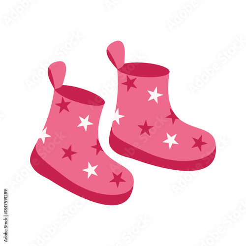 Cute pink kids rubber boots vector illustration with star pattern. Children rain footwear in flat style. Colorful spring shoes isolated on white background.