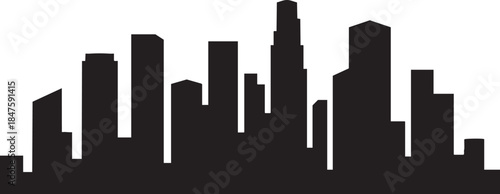 Black silhouette of a diverse city skyline with varied building heights and shapes white