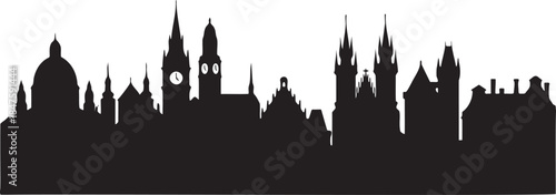 Black silhouette of a European old city skyline with diverse architectural styles and a clock tower