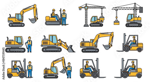 Heavy Construction Equipment and Machinery Illustrations.
