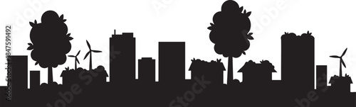 Black silhouette of a futuristic eco city with wind turbines and trees white urban