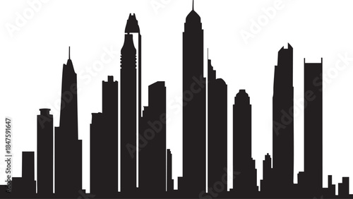 Black silhouette skyline of diverse modern skyscrapers against a white background city