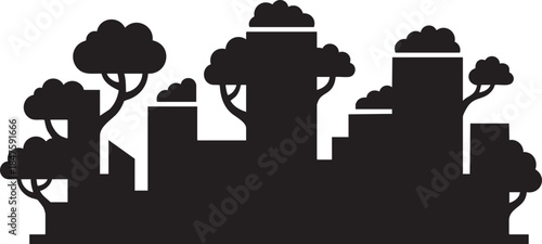 Black silhouette of trees and buildings in a city skyline vector