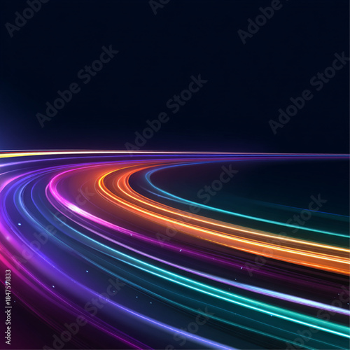 Neon speed lines twist and swirl across a futuristic night street. Flowing ribbons of light highlight acceleration and energy streams. Modern digital illustration presented in vector.