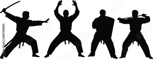 Silhouette, martial artists practicing karate kung fu combat poses with sword defense training isolated on white background dynamic fighting stances traditional martial arts concept