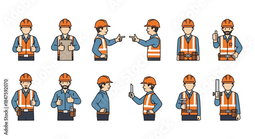 Set of Construction Worker Icons Different Poses.