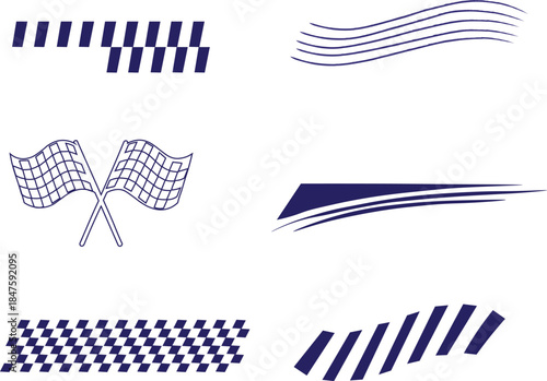 Racing stripes and checkered flags vector set. Dynamic navy blue shapes for speed, automotive graphics, car decals, Motorsport branding, and motion design themes. 