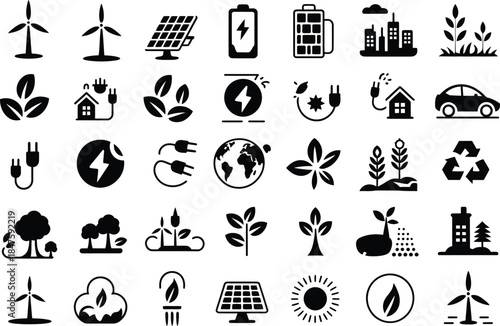 Vector icon set of environmental protection symbols. Collection of recycling, green energy and sustainability icons isolated on white