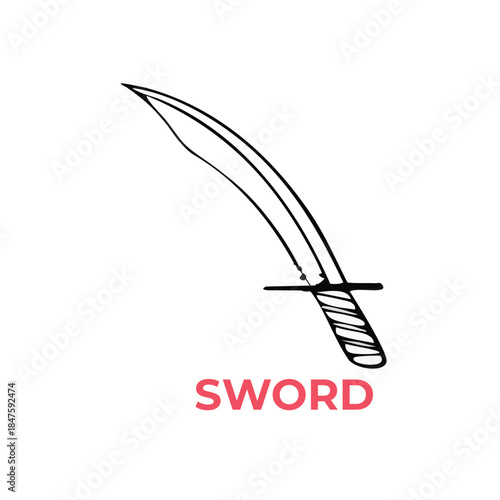 Minimalist sword illustration with curved blade and bold red label on white background for weapon concept