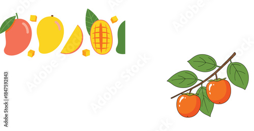 Cute Cartoon Vector Illustration of Two Whole Mangos, One Ripe Orange and One Unripe Green, Ideal for Kids' Products, Stickers, and Tropical Fruit Packaging.