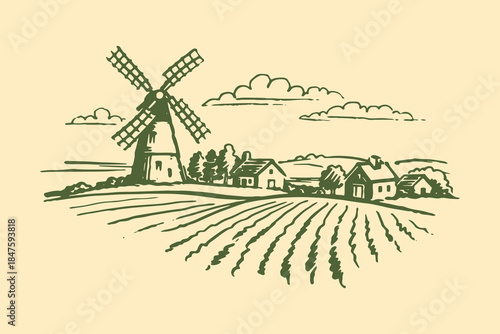 Windmill countryside village vintage sketch vector illustration