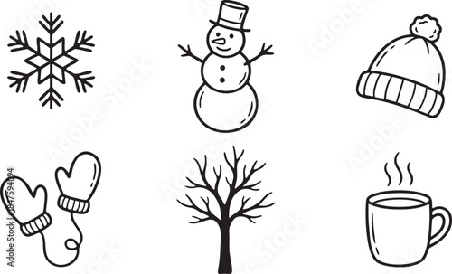 Black and white hand drawn winter icons snowflake snowman hat mittens bare tree hot drink vector