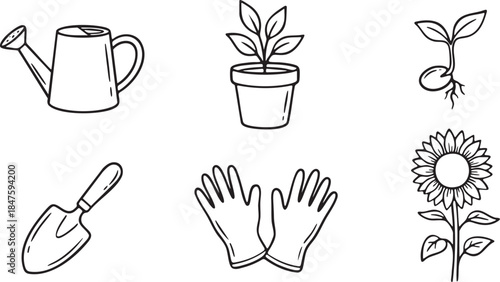 Black and white line art icons of gardening tools plant seedling and sunflower watering
