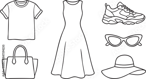 Black outline fashion items t shirt dress sneakers sunglasses hat handbag on white background clothing