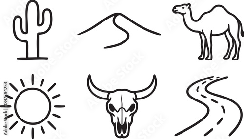 Black outline desert icons cactus sand dune camel sun bull skull road vector