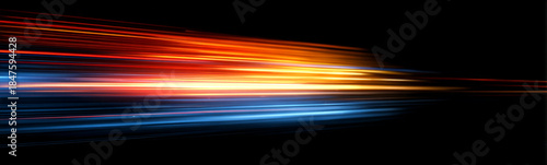 Neon speed lines rush through a dark city road directed to the right. Flowing glowing trails emphasize acceleration and motion depth. Futuristic night scene with dynamic neon light.