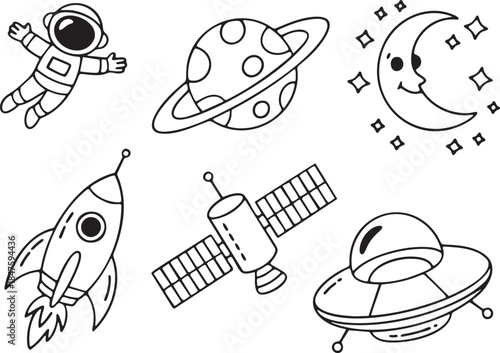 Collection of six simple black line art space doodles including astronaut planet rocket satellite moon and U F O
