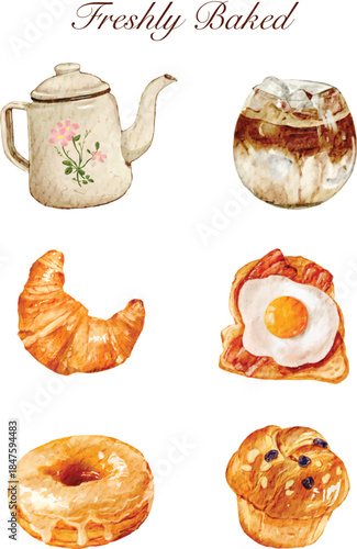 Sweet Breakfast watercolor illustration clip arts sticker journal template