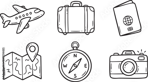 Hand drawn airplane suitcase passport map compass camera icons for travel aircraft journey