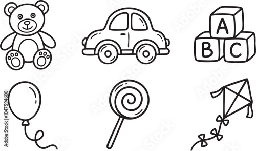 Hand drawn black line art of a teddy bear car alphabet blocks balloon lollipop and kite vector
